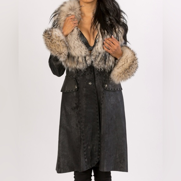 Hoss Couture Black Brick Italian Lamb w/Studs & Crystal w/Badger Fur & Goat Trim - Picture 2 of 14